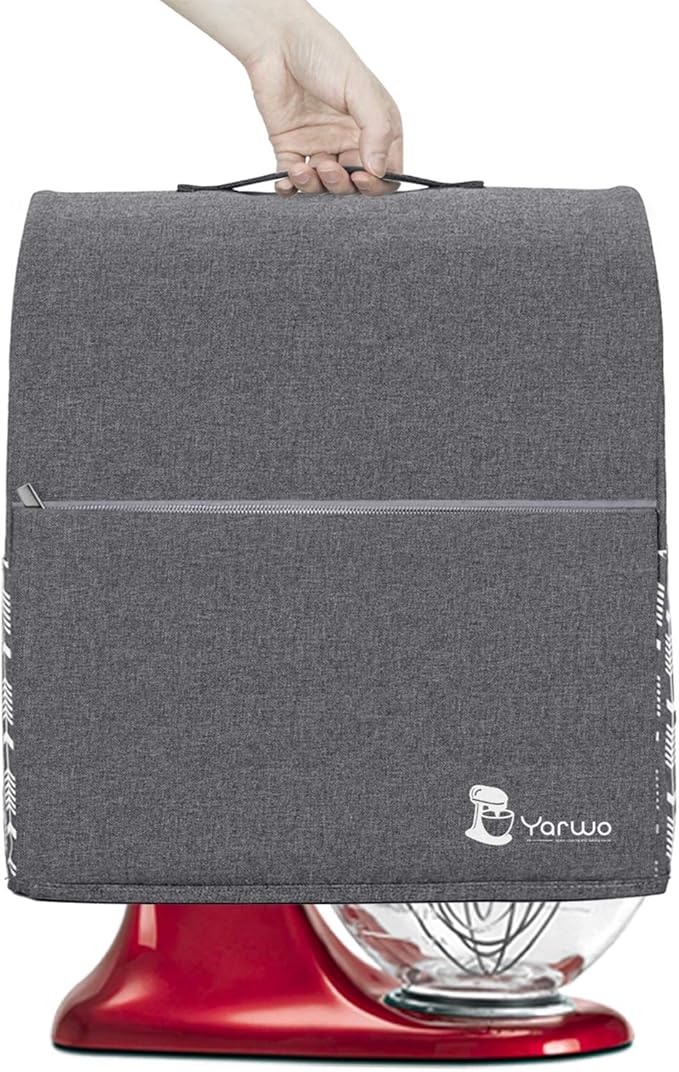 Yarwo Stand Mixer Cover Compatible with 4.5 qt and All 5 qt KitchenAid Mixer, Protective Dust Cover with Top Handle and Pockets for Accessories, Gray with Arrow