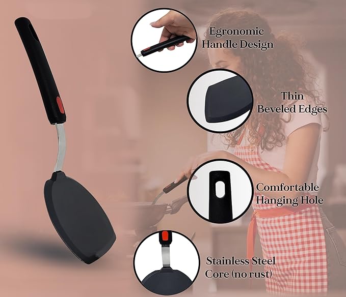 Silicone Pancake Spatula Flipper – Wide Beveled Edge Turner with Stainless Steel Handle | Heat Resistant Non-Stick Large Silicone Spatula for Cooking & Pancakes