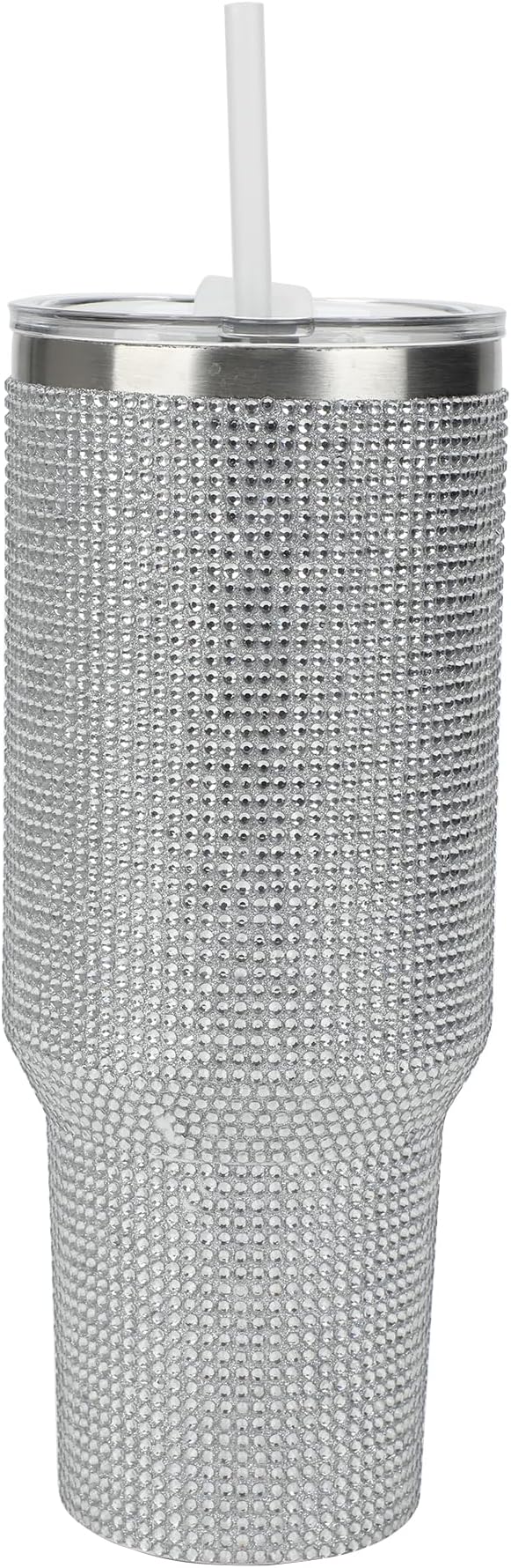 Bioworld Silver Rhinestone 40 Oz Vacuum Insulated Stainless Steel Tumbler with Leak-Proof Lid & Easy Carry Handle, Sparkling Finish for Travel or Home