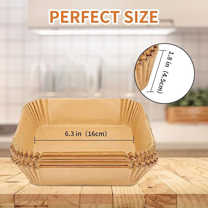 Air Fryer Liners Disposable Square, 100PCS 6.3 INCH Airfryer Liners, Natural Non-stick Parchment Paper for Air Fryer Oil-proof Water-proof, Paper liners for air fryer, Steamer, Baking, Microwave Etc