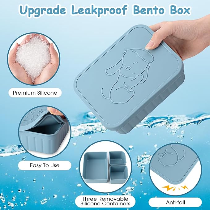 Bento Lunch Box for Kids-Reusable Silicone Kids Bento Box Lunch Container Leakproof Lunchbox Meal Prep Food Storage Containers with 3 Removable Compartments–Dishwasher Safe/BPA Free/Portion Control