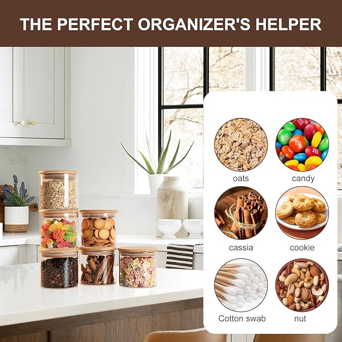 Liuruiyu Glass Food Storage Jars 6-Pack - 4x4 in-Clear Glass Food Canisters with Bamboo Lid Airtight For Serving Tea, Coffee, Flour, Sugar, Candy, Cookie, Spice and More (Circular)