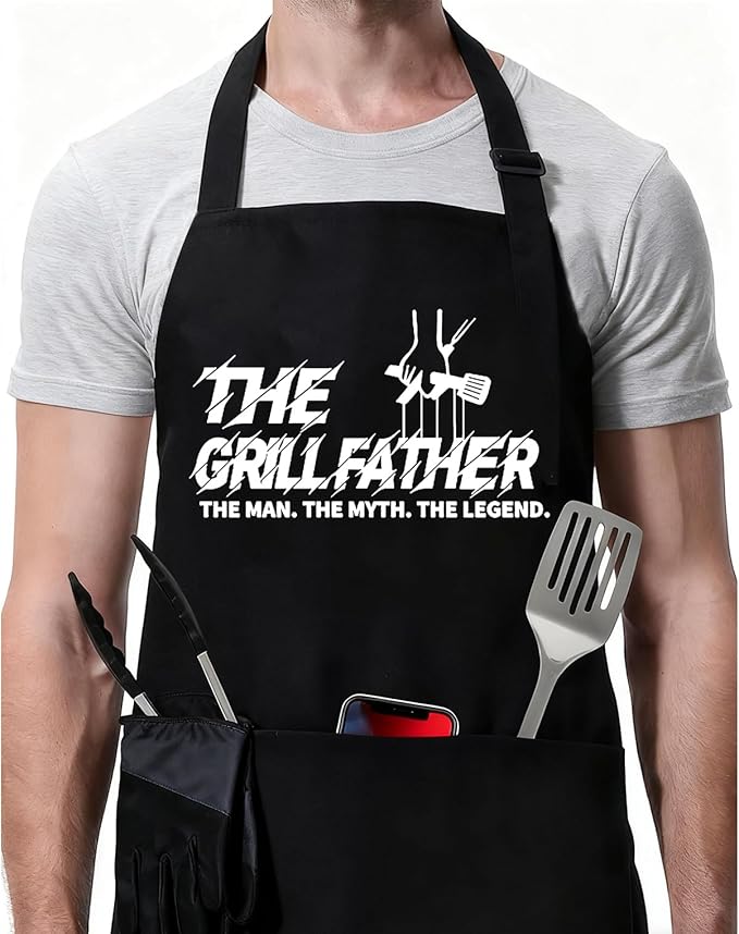 ZOORON Funny Black Chef Aprons for Men Adjustable BBQ Grill Kitchen Cooking Aprons with Pockets, Grill Accessories