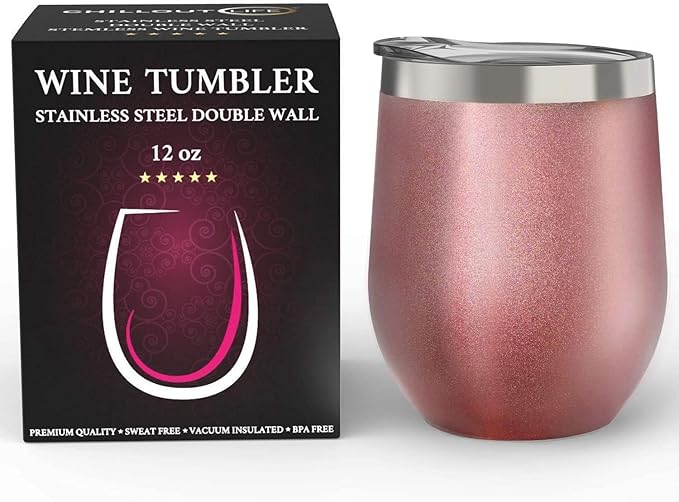 CHILLOUT LIFE 12 oz Stainless Steel Wine Tumbler with Lid - Double Wall Vacuum Insulated Wine Cup Glass Keeping Cold & Hot for Coffee, Champagne, Cocktails, Ice Cream - Rose Gold