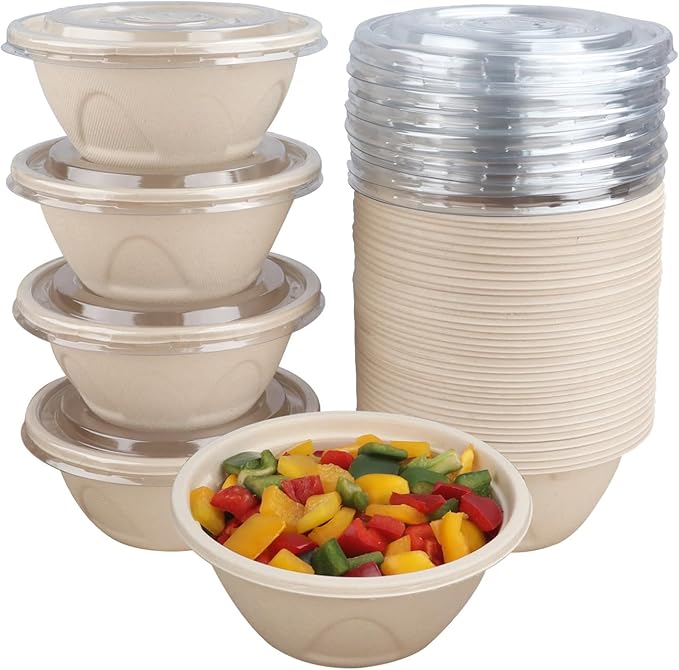 33 oz Disposable salad bowls with lids, Sugarcane Fiber Paper Bowls take away food containers Plant Fibers Freezer Safe 50 Pack