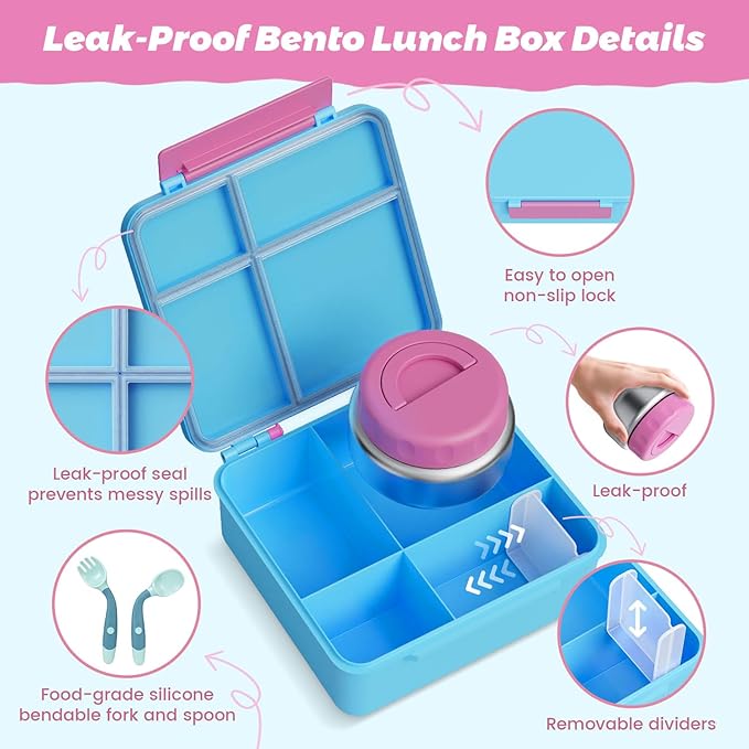 Kids Bento Lunch Box with Thermos, Leakproof Toddler Bento Box with 9 OZ Insulated Food Jar, Lunch Bag & Utensils 3 or 4 Compartment Container for School Girls Boys