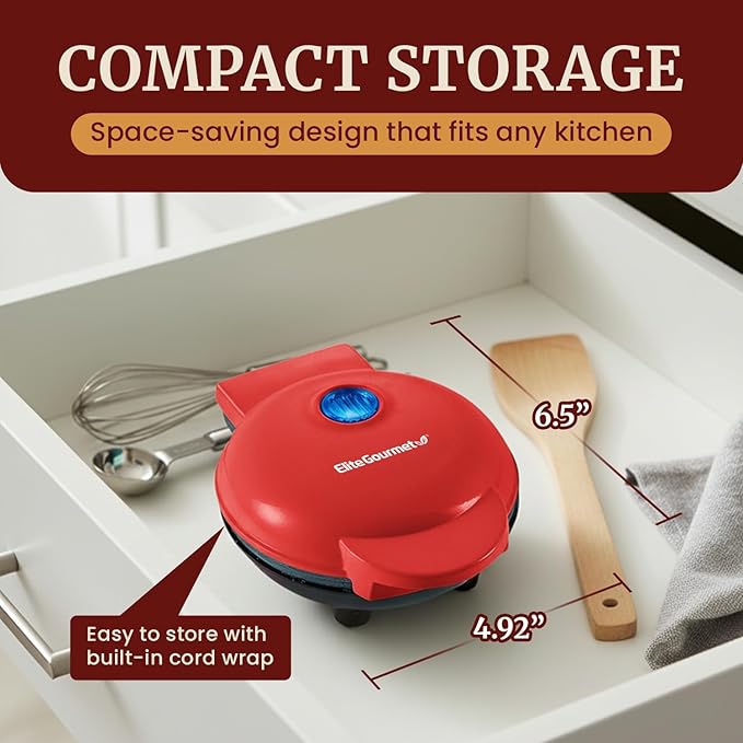 Elite Gourmet EWM015R Electric Nonstick 4.5-inch Mini Waffle Maker, Belgian Waffles, Compact Design, Hash Browns, Keto, Snacks, Sandwich, Eggs, Easy to Clean, Red