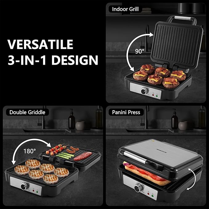 MONXOOK Panini Press Sandwich Maker, 4 Slices Panini Grill Non-Stick Coated Plates, Panini Makers with Temperature Control, Opens 180 Degrees, Removable Drip Tray, 1400W, Stainless Steel