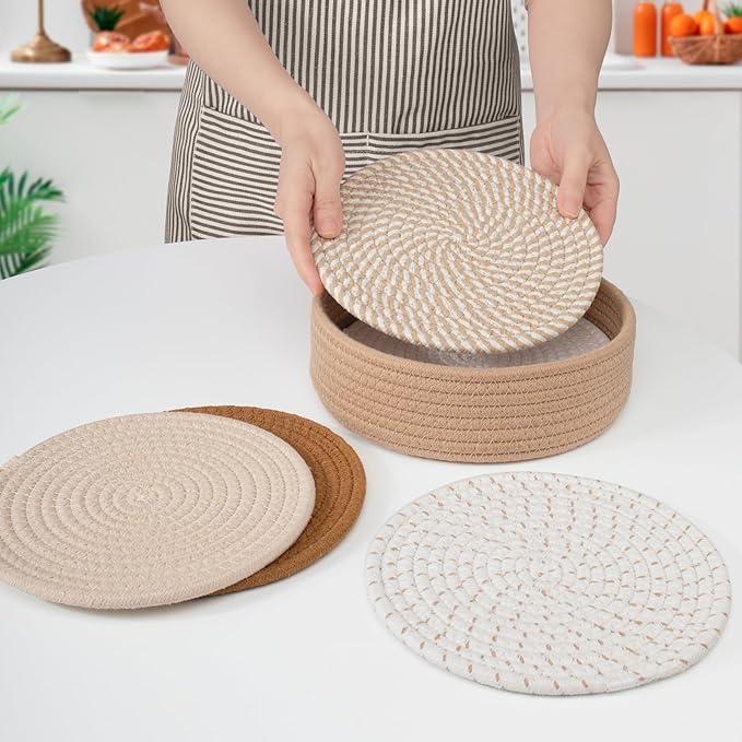 8" Trivets for Hot Dishes, Hot pots and Pans,6 Heat Resistant Hot Pads and Storage Basket 1 Pack,Pot Holders for Kitchen, Hot Plate Mats for Kitchen Countertops