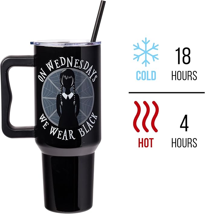 Silver Buffalo The Addams Family Wednesday On Wednesdays We Wear Black Stainless Steel Tumbler with Handle and Straw, Fits in Standard Cup Holder, 40 Ounces