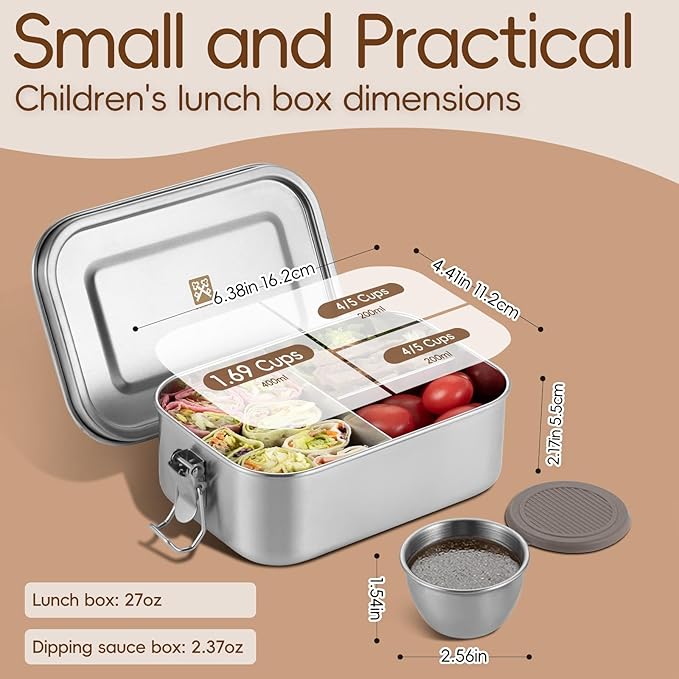 GOLDEN KEY Stainless Steel Lunch Box for Kids,BPA Free Bento Box for Kids with Leakproof Condiment Container,3 Compartment Bento box for School and Eating Out,Freezer & Dishwasher Safe(Brown)