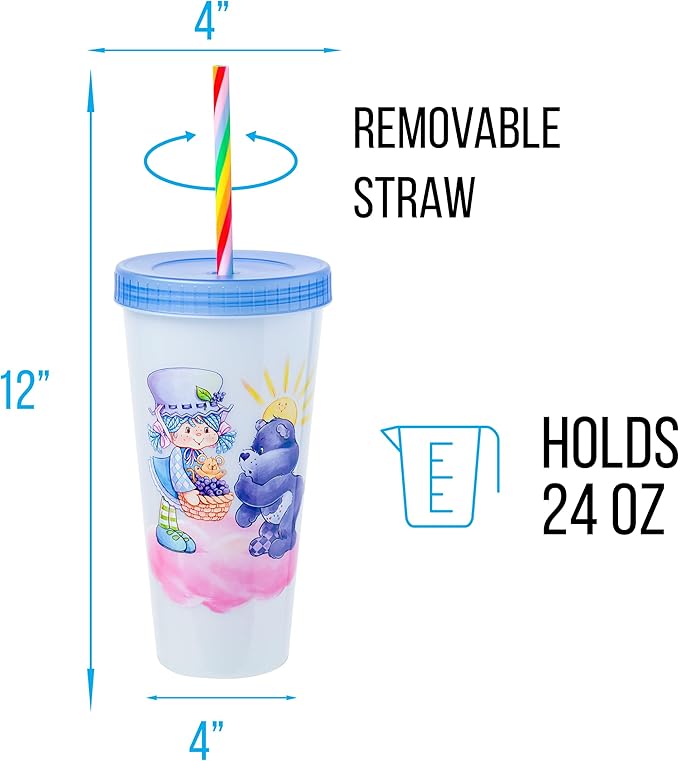 Silver Buffalo Care Bears Strawberry Shortcake Color Change Plastic Tumbler 4 Pack Featuring Orange Blossom Lemon Meringue Cheer Funshine Friend Blueberry Muffin Grumpy, 24 Ounces