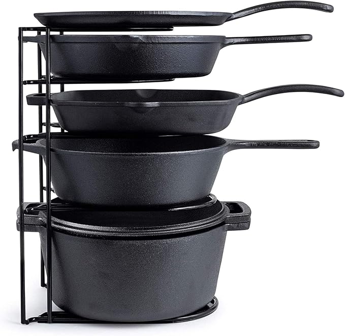 Heavy Duty Pan Organizer, Extra Large 5 Tier Rack - Holds Cast Iron Skillets, Dutch Oven, Griddles - Durable Steel Construction - Space Saving Kitchen Storage - No Assembly Required - Black 15-inch