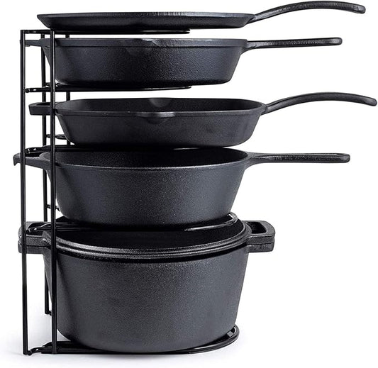 Heavy Duty Pan Organizer, Extra Large 5 Tier Rack - Holds Cast Iron Skillets, Dutch Oven, Griddles - Durable Steel Construction - Space Saving Kitchen Storage - No Assembly Required - Black 15-inch