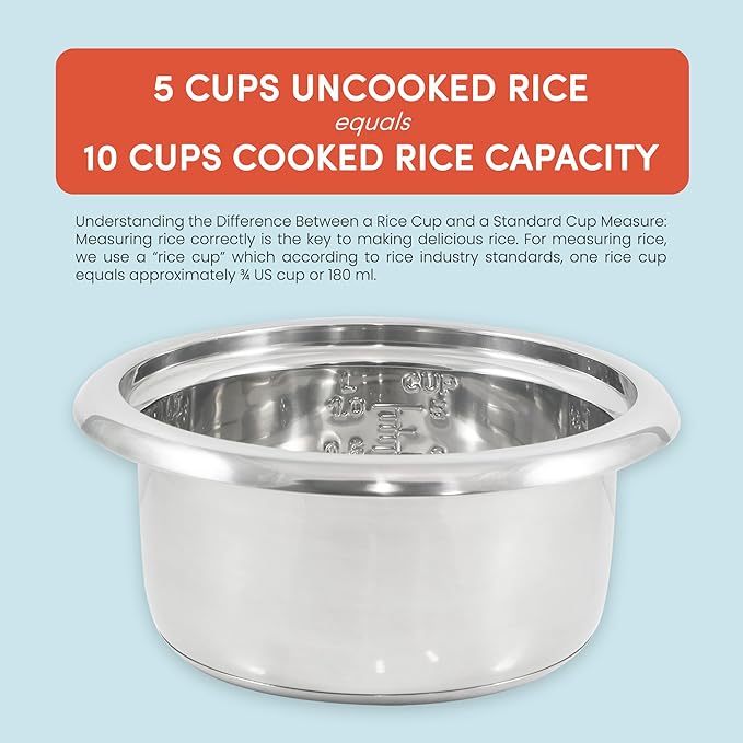 Elite Gourmet ERC2010B Electric Rice Cooker with Stainless Steel Inner Pot Makes Soups, Stews, Porridge's, Grains and Cereals, 10 cups cooked (5 Cups uncooked), Black