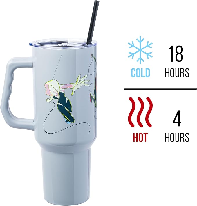 Silver Buffalo Marvel Spiderman Stainless Steel Tumbler with Handle Featuring Spider-Gwen, Miles Morales, and Spiderman, Fits In Standard Cup Holder, 40 Ounces
