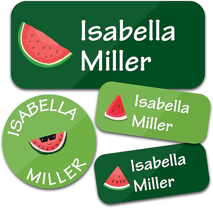 Personalized Daycare Name Labels for Kids (130 Labels) - Custom Waterproof Name Stickers for Clothing Tags, Water Bottles, Lunch Boxes and School Supplies (Watermelon)