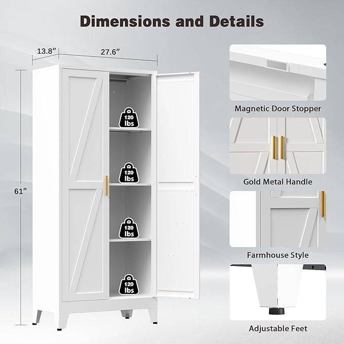 61" Tall Metal Pantry Cabinet, Kitchen Storage Cabinet with 2 Doors and 3 Adjustable Shelves for Kitchen, Living Room, Dining Room, Bathroom and Home, Office (White, 61" H)