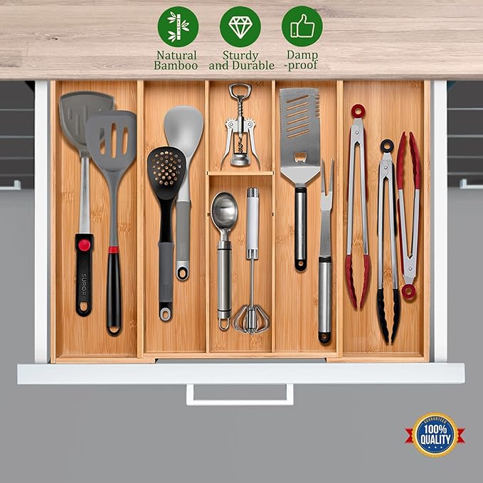 Bamboo Silverware Organizer, Expandable Kitchen Drawer Organizer and Utensil Organizer, Cutlery Tray with Drawer Dividers for Kitchen Utensils and Flatware, Bedroom, Living Room (Natural)