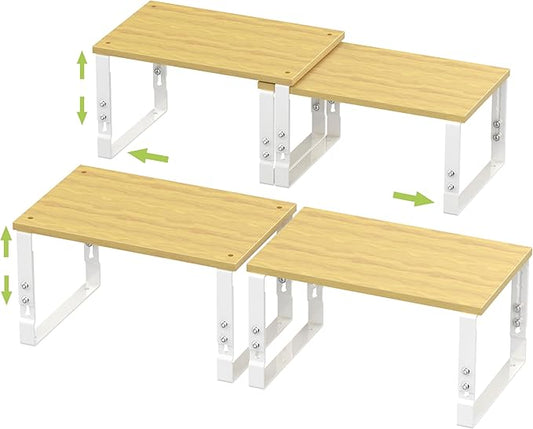 Adjustable Storage Shelves for Kitchen Cabinet Organization - Set of 2 Stackable Metal & Solid Wood Racks, Space-Saving Design for Countertop/Pantry/Garage, Easy Assembly(2 Packs/Medium/White)