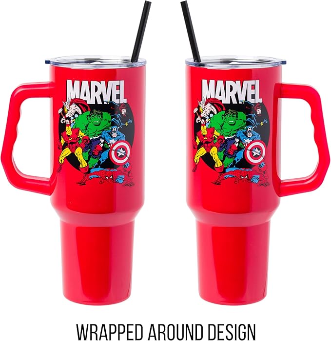 Silver Buffalo Marvel Avengers Stainless Steel Tumbler with Handle and Straw Featuring Captain America, Thor, Hulk, Iron Man, Black Widow, and Spiderman, Fits in Standard Cup Holder, 40 Ounces