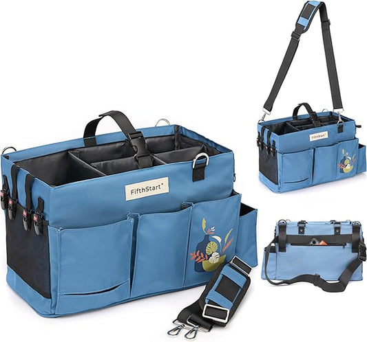 FifthStar Cleaning Caddy Bag for Professionals - Heavy-Duty Organizer with Shoulder Strap, 9 Pockets, Mesh Base & Adjustable Compartments - Cleaning Supplies Organizer for Crews (Blue, Large)