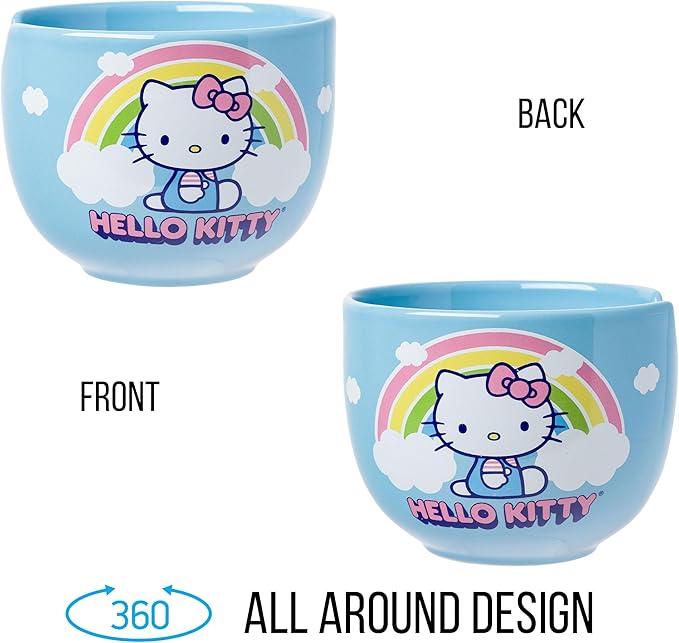 Silver Buffalo Hello Kitty Rainbow and Clouds Ceramic Ramen Noodle Rice Bowl with Chopsticks, Microwave Safe, 20 Ounces