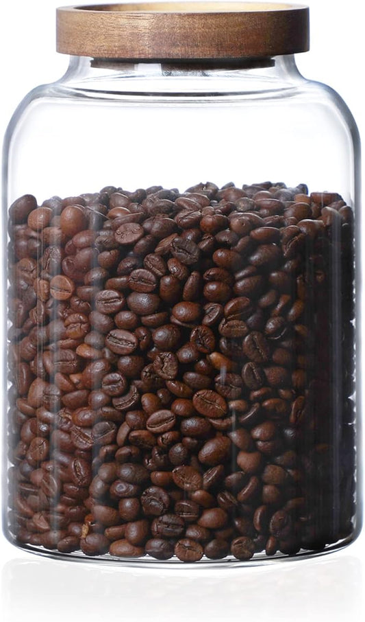 MOLFUJ 2000ML 66FL Oz Glass Storage Container with Wood Lid Large Decorative Organizer Bottle Canister Pantry Jar with Air Tight Wooden Lid for Food Coffee Candy Cereal Rice Flour Pop Spaghetti