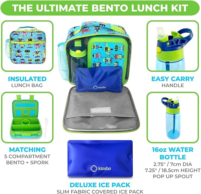 kinsho Bento Lunch Box and Insulated Bag, Water Bottle & Ice Pack Set for Kids Toddlers, 4 Portion Sections, Removable Tray, PreSchool Kid Toddler Daycare Lunches, Snack Container, Robot