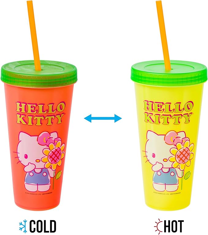 Silver Buffalo Sanrio Hello Kitty Summertime Gardening Color Changing Plastic Tumblers Includes Lid and Straw, 24 Ounces (Pack of 48)