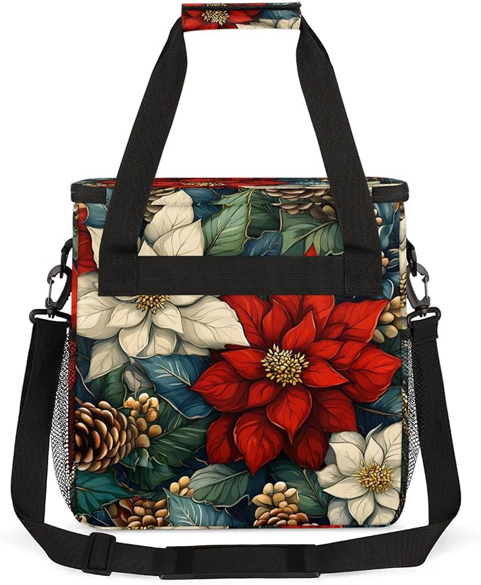 Christmas Flower Leaves Coffee Maker Travel Bag, Poinsettia Floral Insulated - Image 5