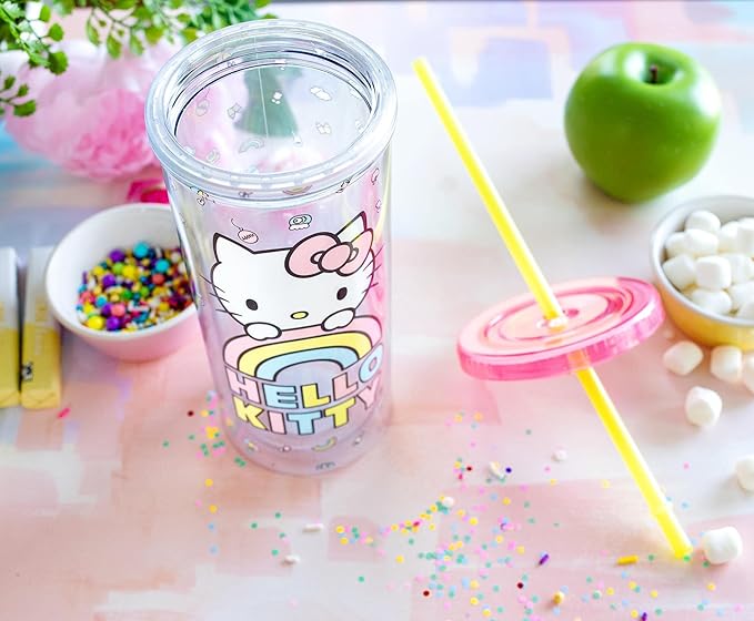 Silver Buffalo Sanrio Hello Kitty Plastic Tall Cold Cup with Lid and Straw, 20 Ounces