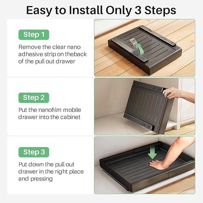 2 Pack Pull out Cabinet Organizer, Expandable(12"-20") Heavy Duty Slide out Drawer Fixed with Adhesive Nano Film for Pots, Roll out Shelf Storage for Kitchen Organization, Pantry, Bathroom(Black)