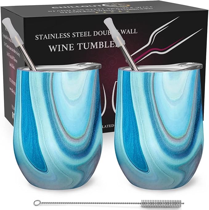 CHILLOUT LIFE 12 oz Stainless Steel Wine Tumblers 2 Pack - Double Wall Vacuum Insulated Wine Glasses Cups with Lids and Straws Set Keeping Cold & Hot for Coffee, Beer, Ice Cream - Ocean Marble Pattern
