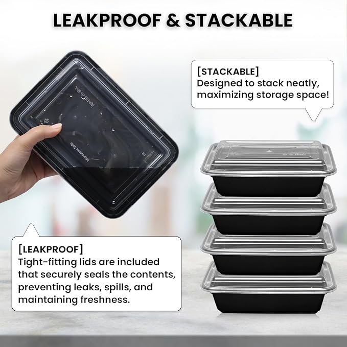 Klex 28 Oz, 50 Sets Meal Prep Containers with Airtight Lids, BPA Free, Reusable Plastic Food Container, 28 oz, Rectangular, Black/Clear, 50 Sets