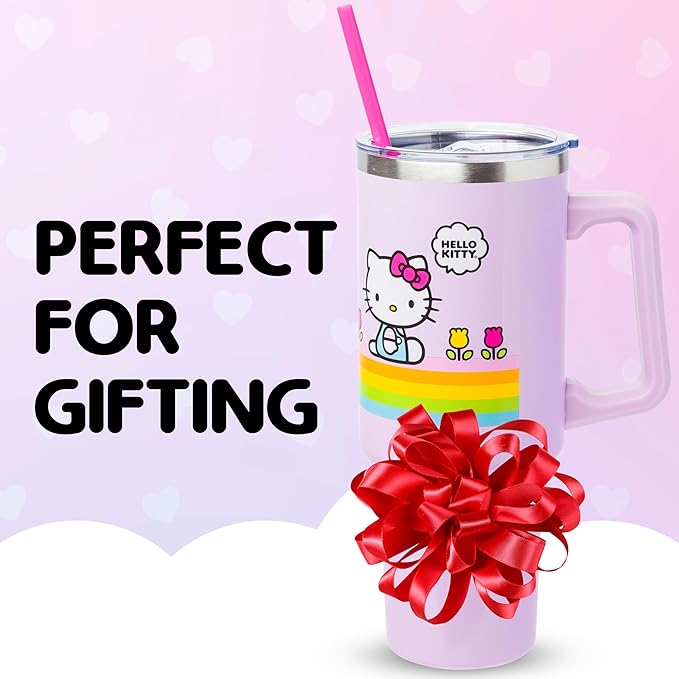 Silver Buffalo Sanrio Hello Kitty Spring and Summer Flowers Rainbow Stripes Stainless Steel Tumbler with Handle and Straw, Fits in Standard Cup Holder, 40 Ounces