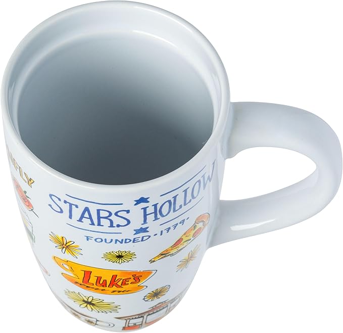 Silver Buffalo Gilmore Girls Iconic Icons Stars Hollow Luke's Diner Ceramic Travel Mug with Slide Close Lid and Handle, 16 Ounces