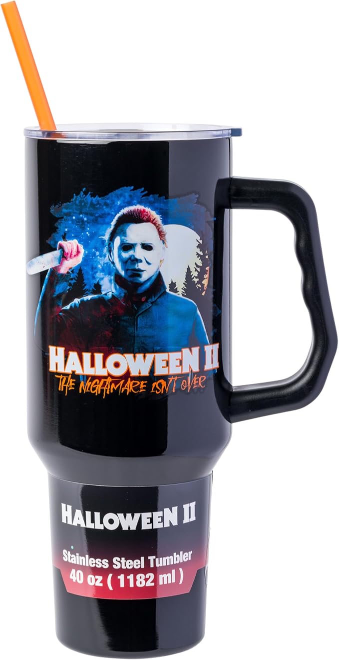 Silver Buffalo Halloween II “The Nightmare Isn’t Over” Stainless Steel Tumbler with Handle Featuring Michael Myers, Fits in Standard Cup Holder, 40 Ounces