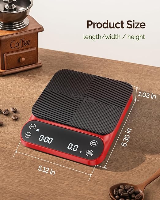 Maestri House S3 Coffee Scale with Timer, 3kg/0.1g Rechargeable Digital Scale, 3 Brew Modes, Adjustable Ratios & Flow Rate Display, Barista-Grade for Pour-Over, Espresso, French Press – Red