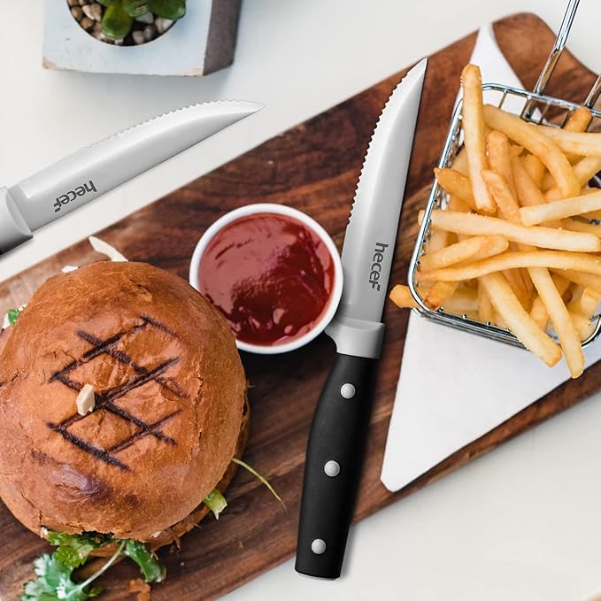 hecef Kitchen Knife Block Set, 14 Pieces Knife Set with Wooden Block & Sharpener Steel & All-purpose Scissors, High Carbon Stainless Steel Cutlery Set (Black)