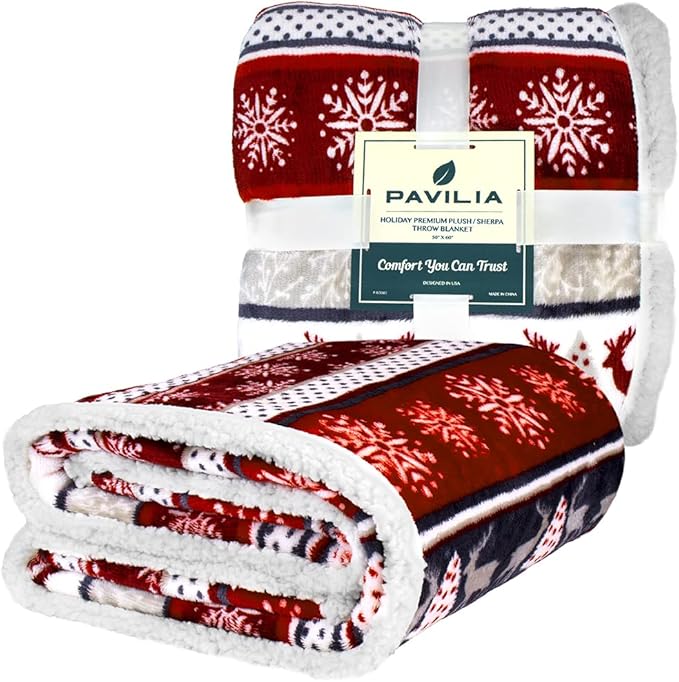 PAVILIA Premium Christmas Sherpa Throw Blanket | Christmas Decoration Reindeers, Fleece, Plush, Warm, Cozy Reversible Microfiber Holiday Blanket 60x80