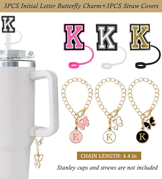 （3 +3) Nuozme Straw Cover Compatible with Stanley Tumbler Cup 3PCS Letter Straw Caps Toppers with 3 Initial Butterfly Charms Name ID For Stanley 30&40 Oz Cup