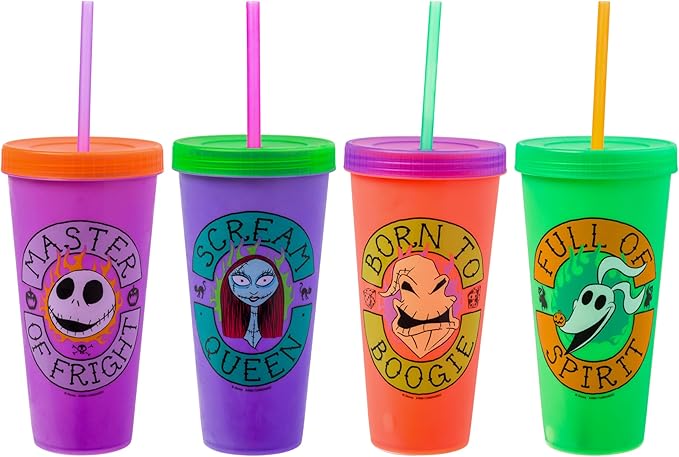 Silver Buffalo Disney The Nightmare Before Christmas 4 Pack Color Change Plastic Tumblers Featuring Jack Skellington, Sally, Oogie Boogie, and Zero, 24 Ounces