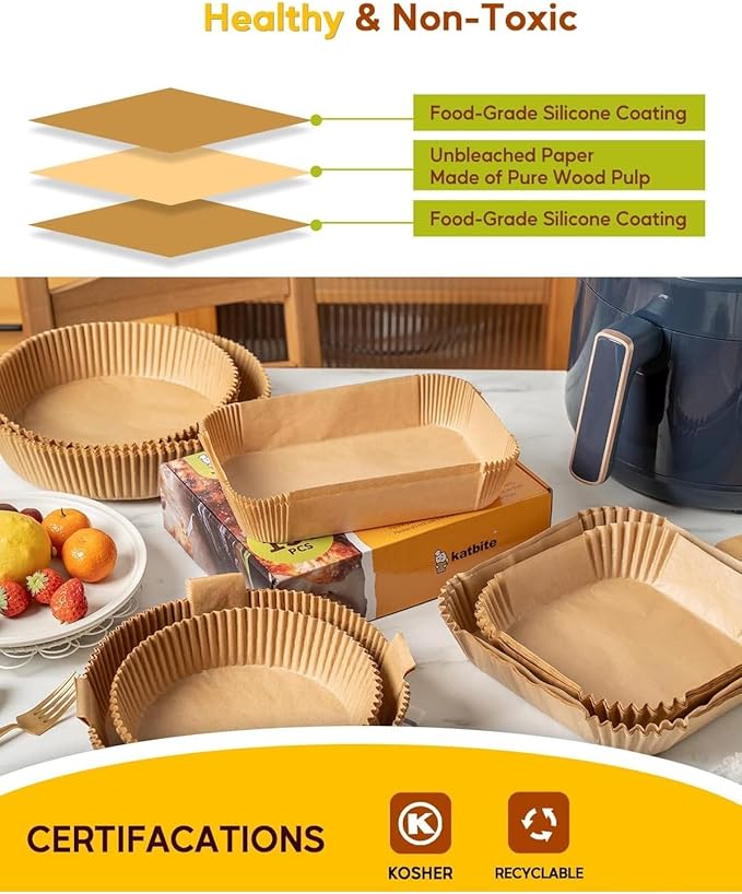 Katbite Air Fryer Liners Disposable - 8.6x5.5'' 130PCS Rectangle Paper Liners, Thick Airfryer Parchment Paper Liners for Dual Air Fryer, DZ201, DZ401, FG551