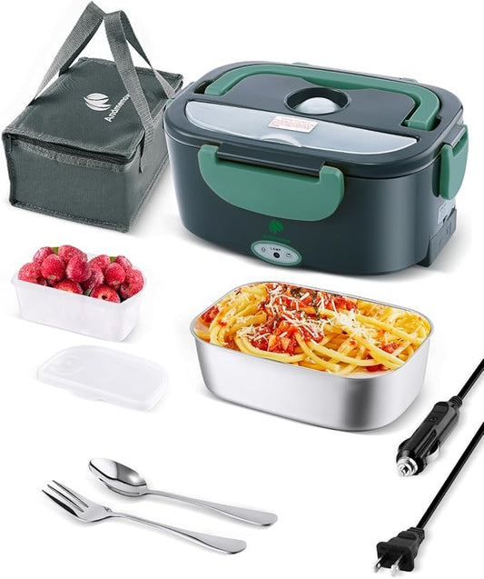 Electric Lunch Box for Adults, Electric Lunch Box Food Heater, Portable Food Heater for Travel/Home/Office,12V/24V/110V Heated Lunch Box,Loncheras para Hombres de Trabajo,GreyGreen
