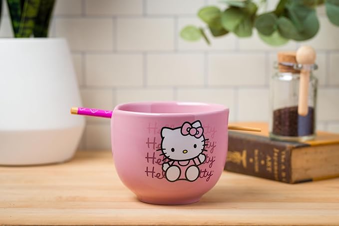 Silver Buffalo Sanrio Hello Kitty Waving Pink Ceramic Ramen Noodle Rice Bowl with Chopsticks, Microwave Safe, 20 Ounces,