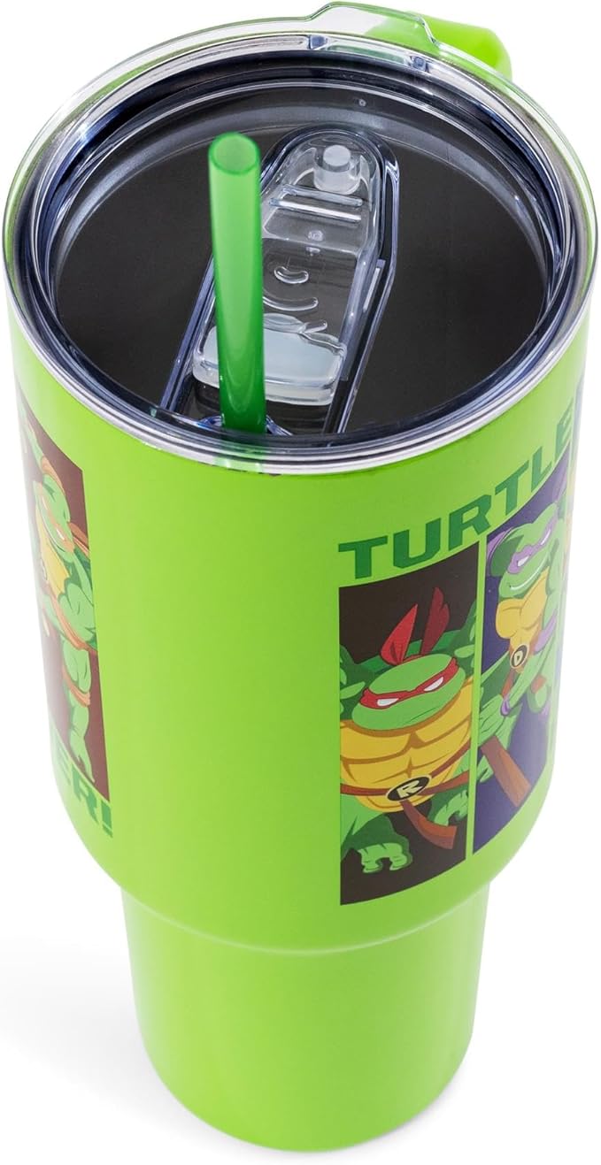 Silver Buffalo Teenage Mutant Ninja Turtles Turtle Power Stainless Steel Tumbler with Handle Featuring Leonardo, Donatello, Raphael, and Michelangelo, Fits in Standard Cup Holder, 40 Ounces