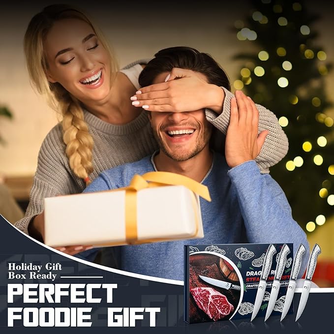 DRAGON RIOT Steak Knives Set of 4 Serrated Edge Steak Knife Set Japanese Stainless Steel Dinner Knife Diswasher Safe Steak Knives with Box