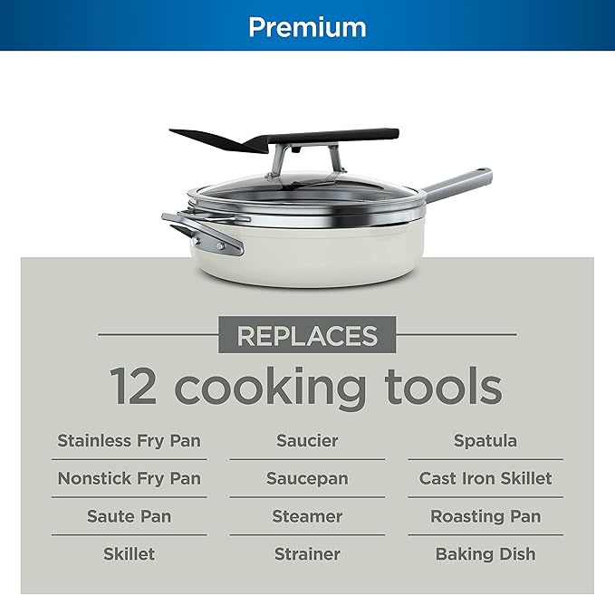Ninja CW102WH Foodi NeverStick PossiblePan, Premium Set with 4-Quart Capacity Pan, Steamer/Strainer Basket, Glass Lid & Integrated Spatula, Nonstick, Durable & Oven Safe to 500°F, Vanilla Bean