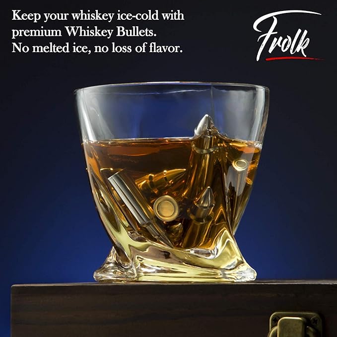 Whiskey Stones Gift Set for Men - 10 Chilling Stainless-Steel Whiskey Rocks - 11oz 2 Large Twisted Whiskey Glasses, Slate Coasters, Tongs - Premium Set in Pine Wood Box